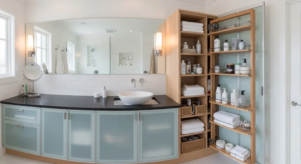 Innovative bathroom cabinet with pull-out organizers and hidden storage compartments