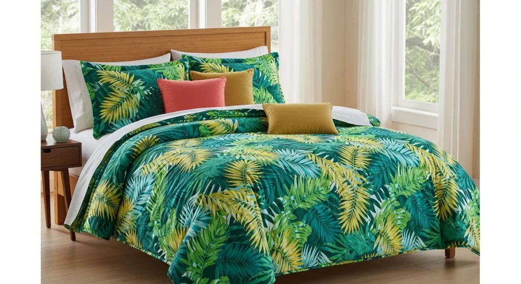 Bright tropical leaf patterned queen comforter bedding in modern bedroom