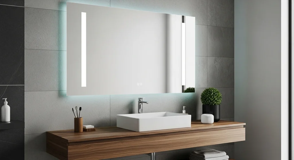Bathroom with vertical light bars beside mirror for even facial lighting