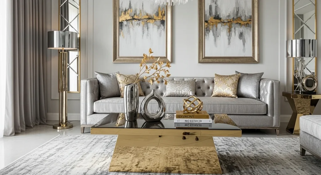Stylish living room featuring metallic decor and reflective finishes