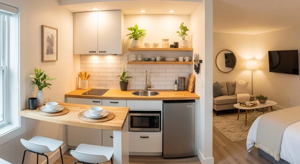 Tiny kitchen connected with living space creating open and spacious feel