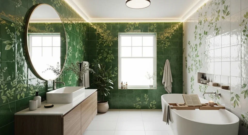 Bathroom with green tiles and botanical theme creating fresh natural vibe