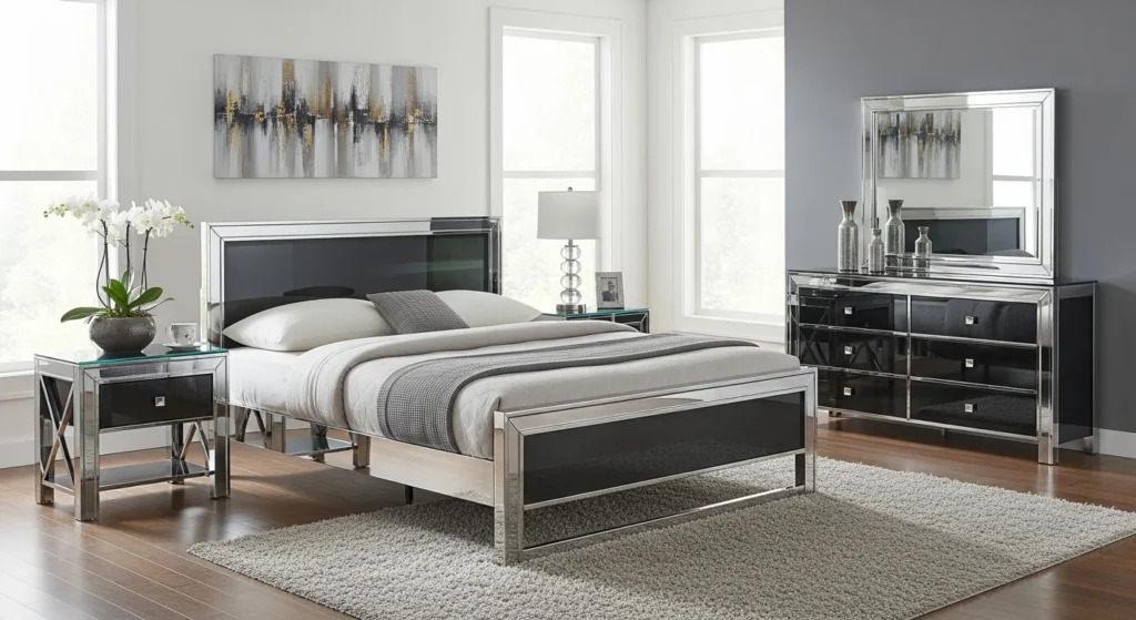 Sleek bedroom set with glass and metal elements for a modern interior