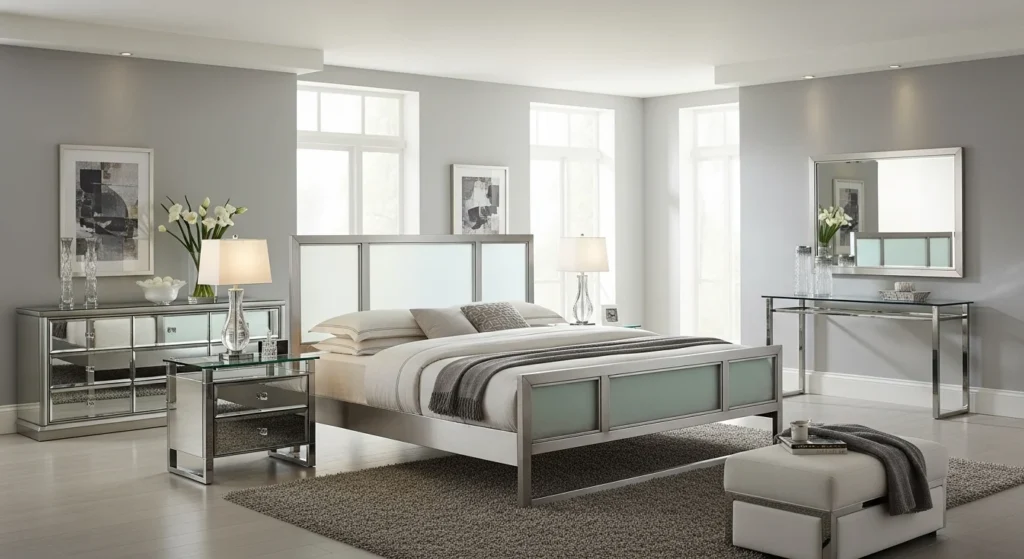 Glass and Metal King Bedroom Set Design