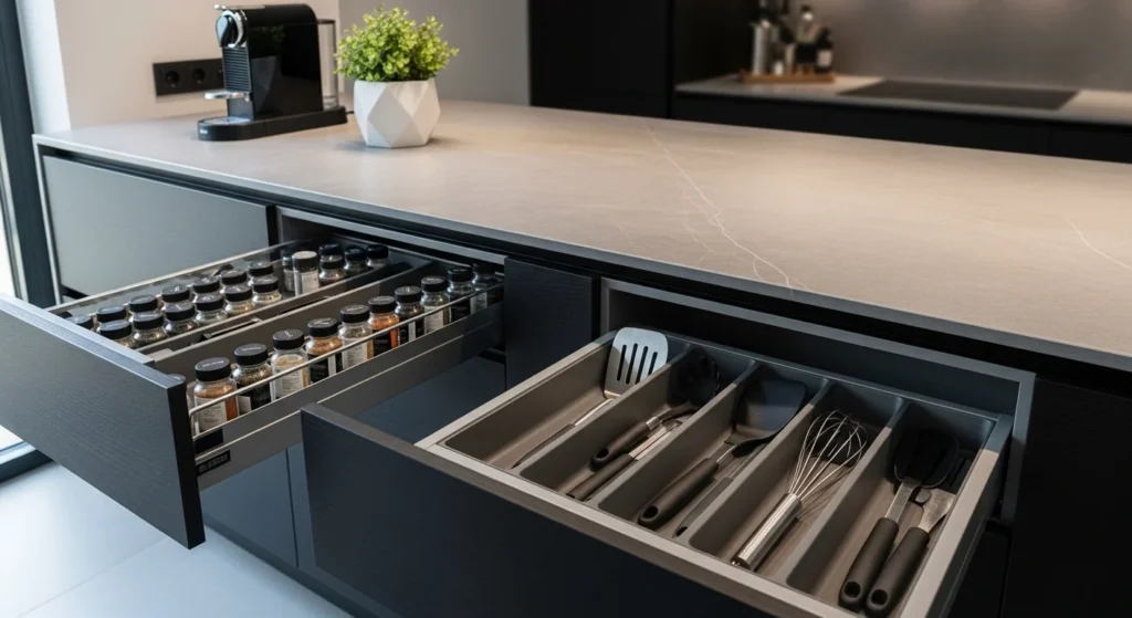 Modern kitchen countertop featuring hidden storage compartments