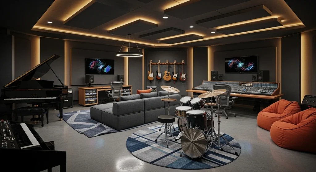 Soundproof basement music studio with acoustic panels and instruments