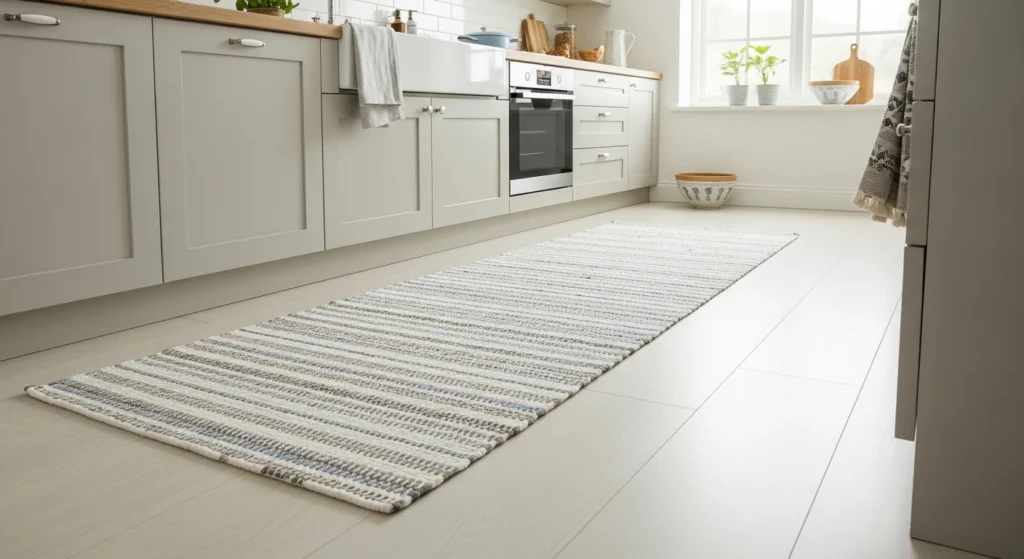 Comfortable cotton rug placed in casual kitchen interior