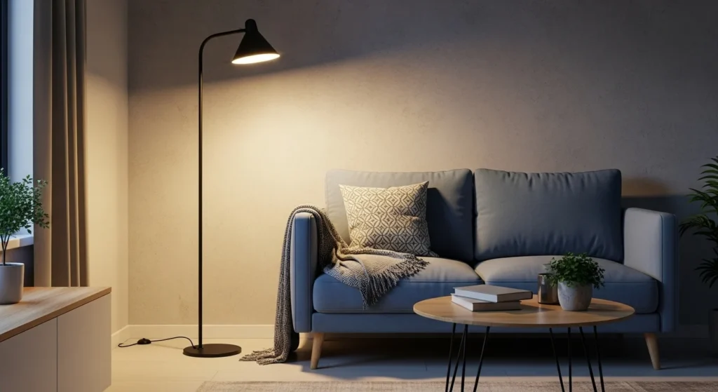 Floor and table lamps in a compact living room creating warm layered lighting