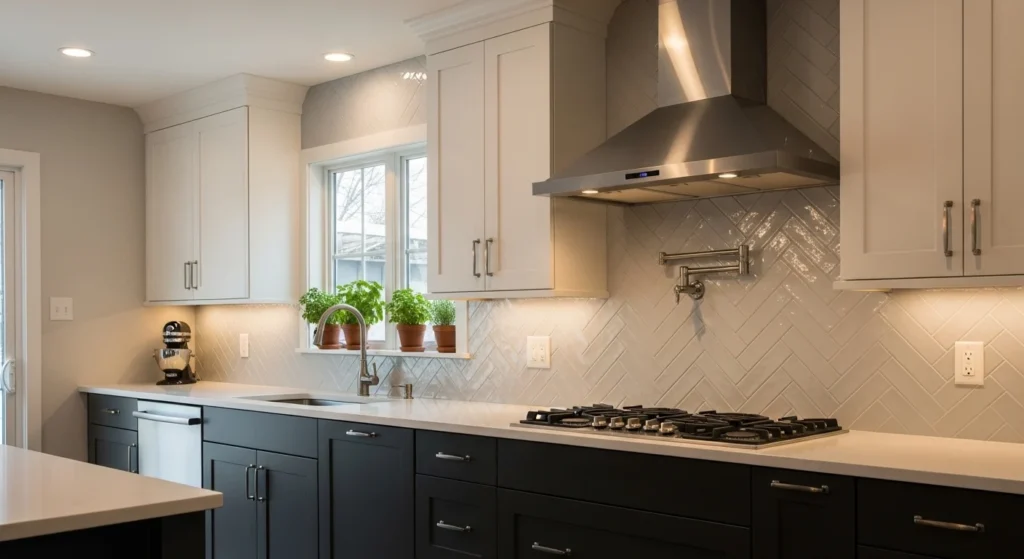 Elegant herringbone tile backsplash adding texture to a modern kitchen