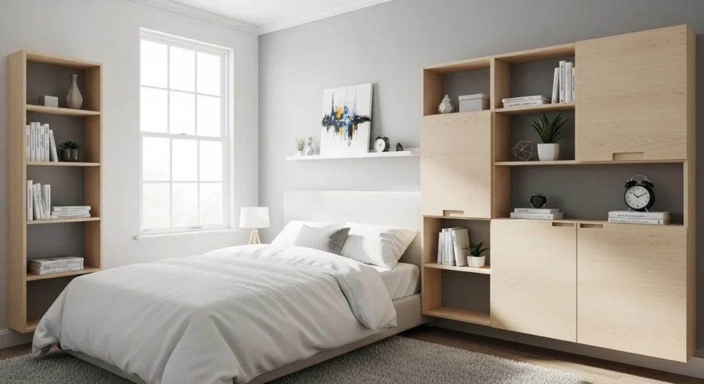 Small bedroom with built in wall shelves providing stylish storage space