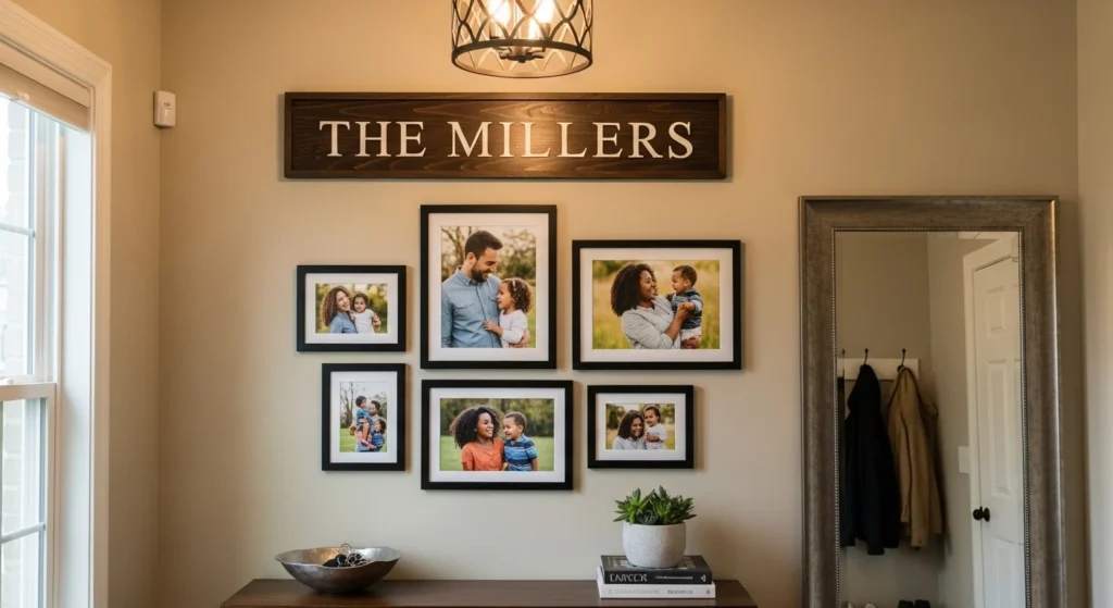 Entryway decorated with custom name sign and family photo display