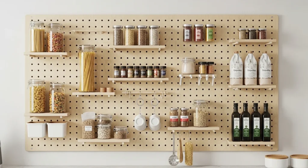 Tiny pantry with pegboard wall for customizable hooks and shelves