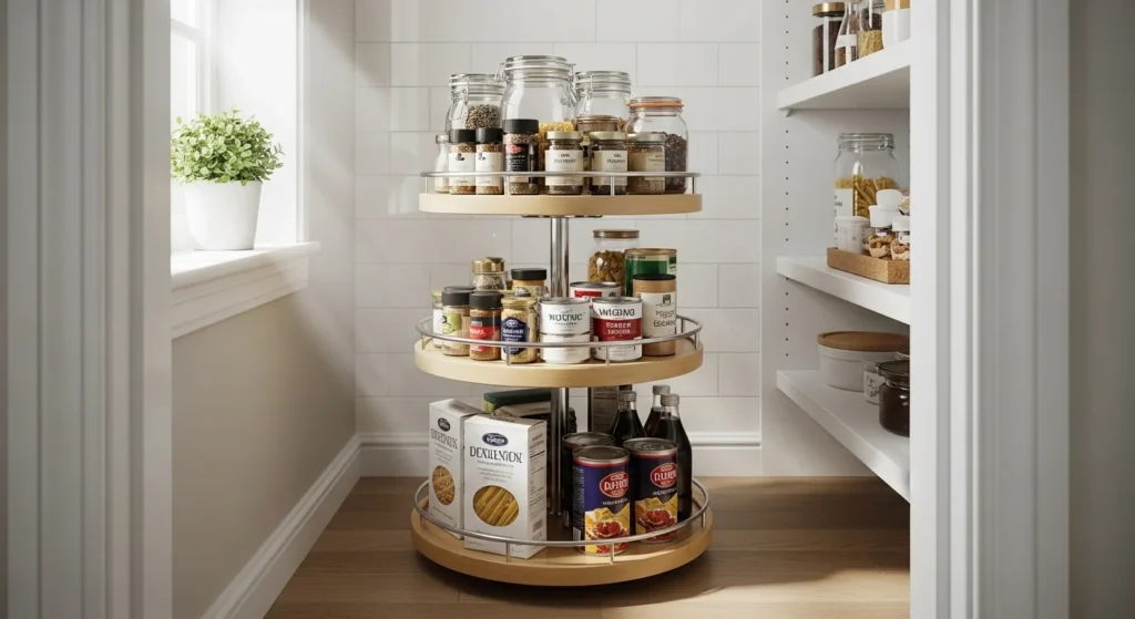 Lazy Susan rotating pantry shelf for spices and kitchen items