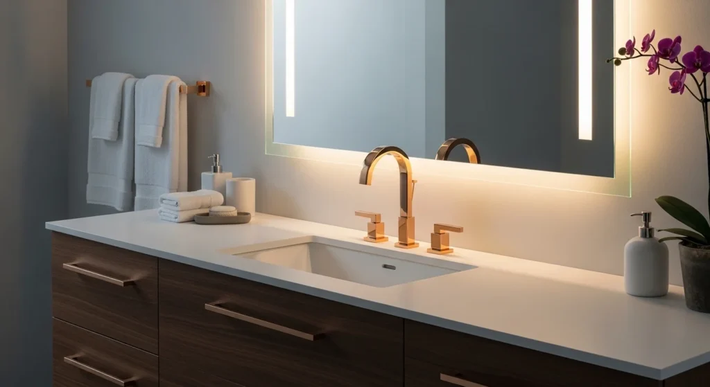 Stylish rose gold faucet adding warm luxury to bathroom vanity