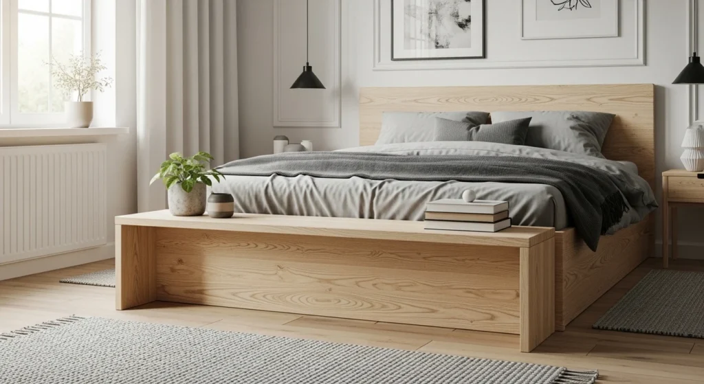 Simple natural wood bench in minimalist bedroom decor at foot of bed