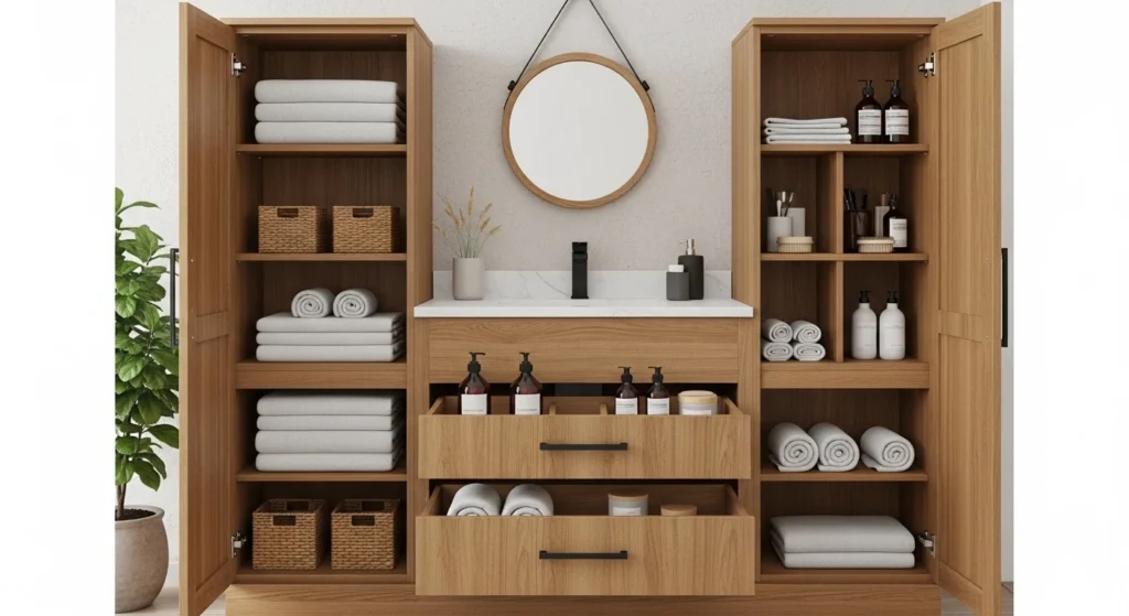 Warm natural wood bathroom cabinet with modern sink vanity and organic interior style