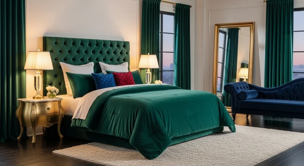 Elegant velvet queen comforter set in rich color creating a luxurious bedroom design