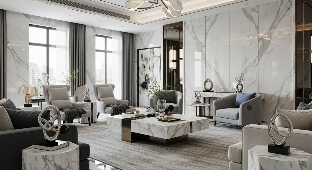 Elegant living room featuring marble coffee table and luxury finishes