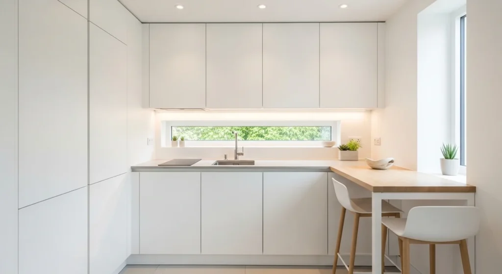 Bright white tiny kitchen with minimalist design and clean modern layout