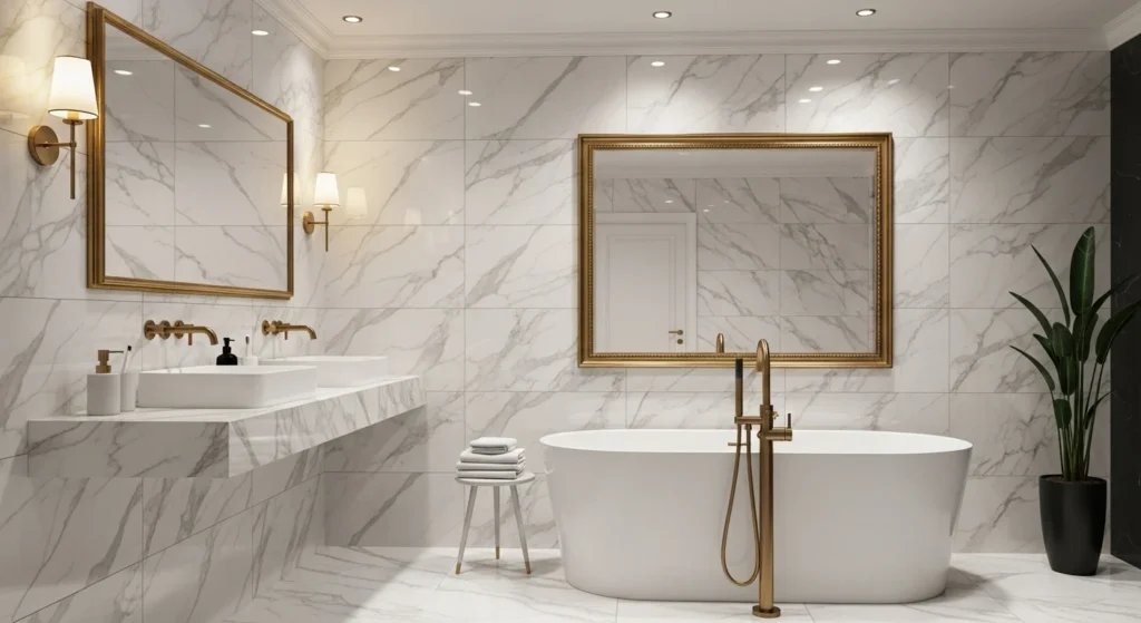 Elegant bathroom featuring marble look tiles with soft veining design