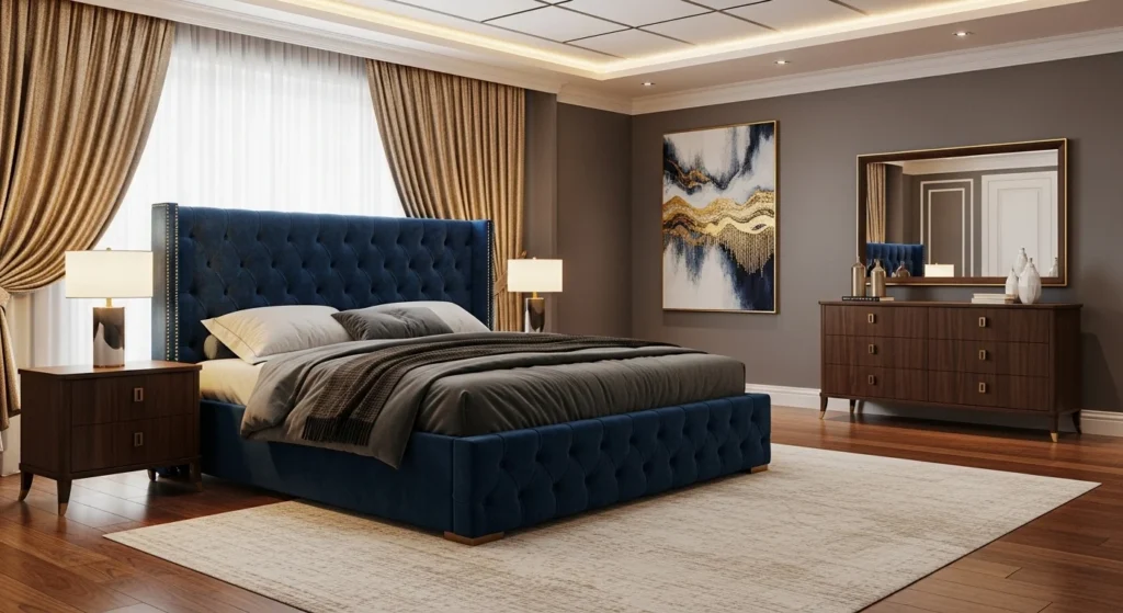 Elegant bedroom set with upholstered bed and soft textures creating a luxury feel