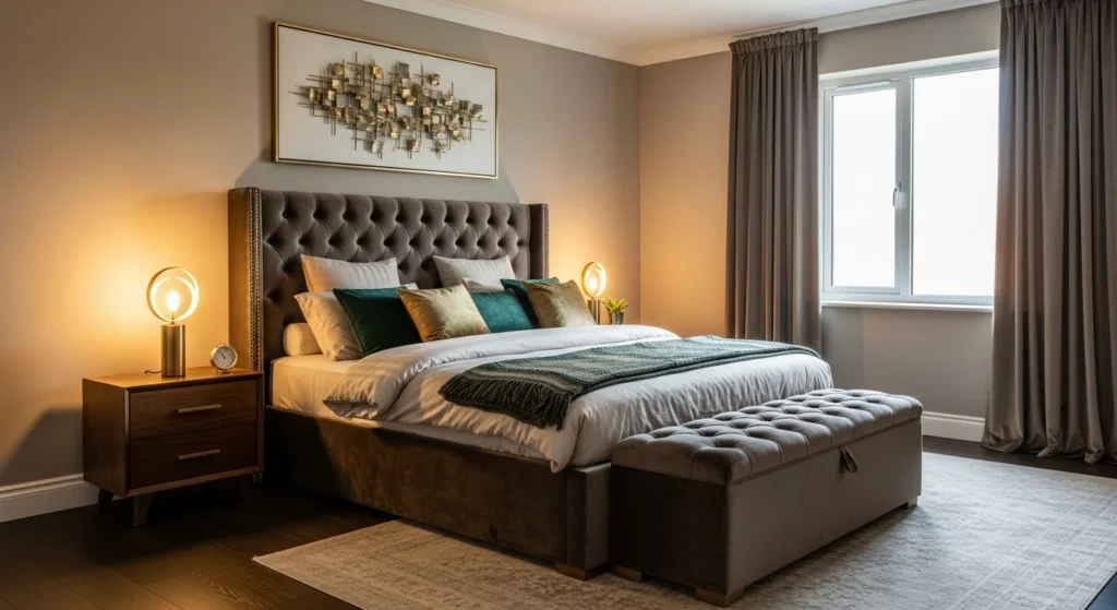 Elegant king bedroom set with upholstered bed and soft textures creating a luxury feel