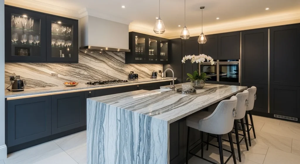 Elegant kitchen with marble countertop showing natural veining and luxury style