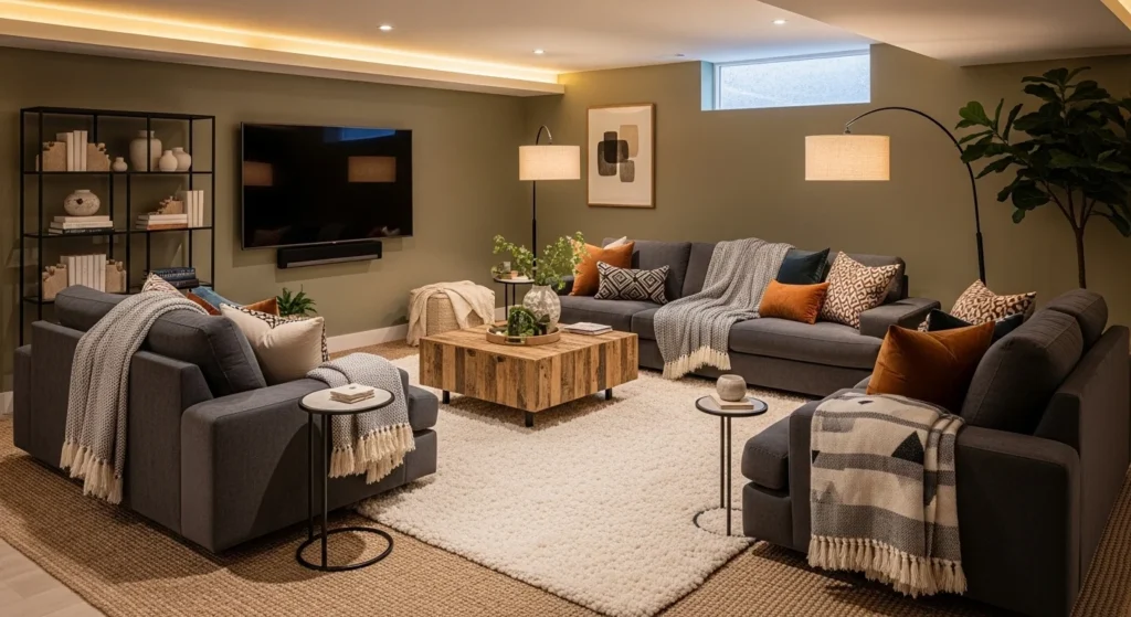Warm and inviting basement living room with plush sofas, soft rugs, and layered lighting