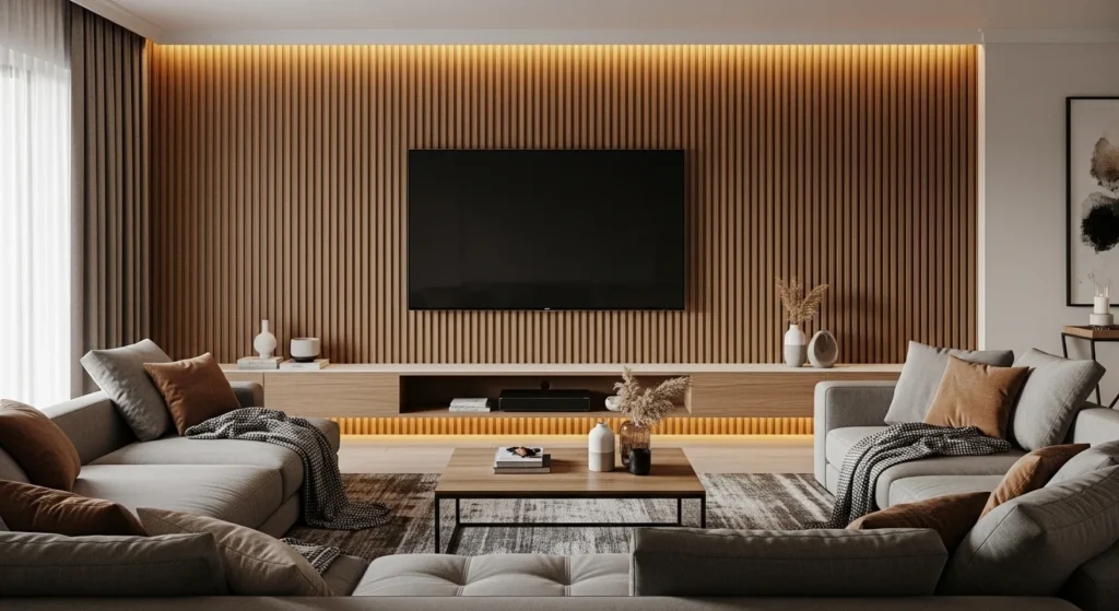 living room tv wall with vertical wooden panels and warm modern decor