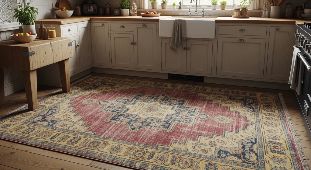 Vintage style patterned rug adding charm and character to a cozy kitchen interior