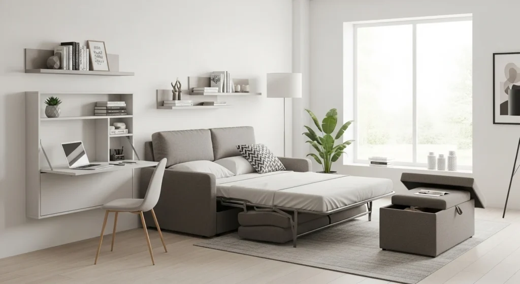 Small apartment living room with sofa bed, storage ottoman, and smart space-saving furniture