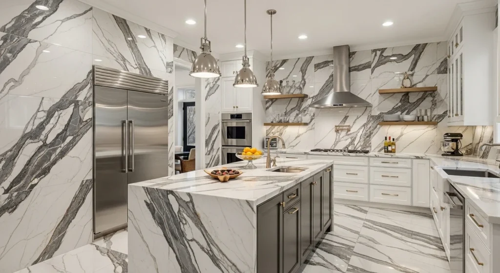Elegant kitchen backsplash with marble look porcelain tiles creating a luxury appearance