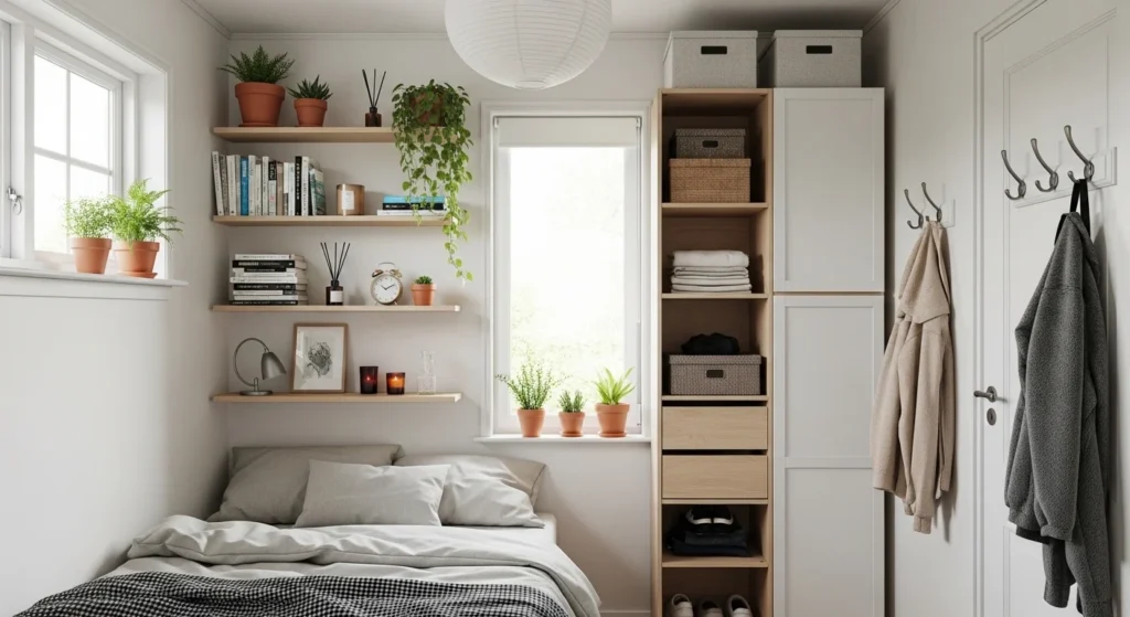 Tiny bedroom featuring wall-mounted shelves and vertical storage solutions to maximize space