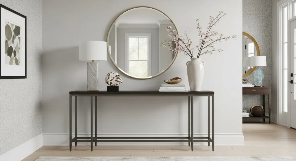 Stylish foyer featuring console table with decorative lamp and vase
