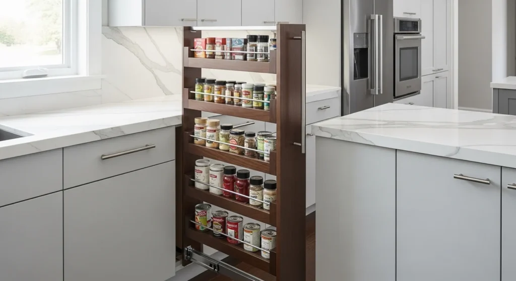 Slim pull-out pantry cabinet with multiple shelves in a compact kitchen