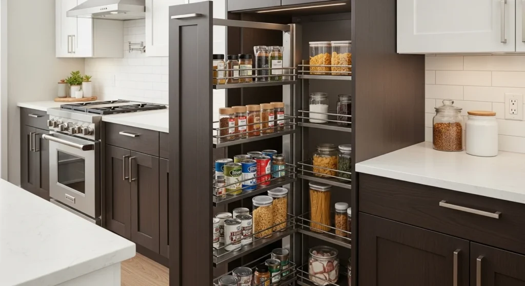 Sliding pull-out pantry cabinet with organized shelves for compact kitchen spaces