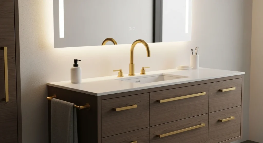 Elegant brushed gold bathroom faucet creating a luxury vanity look