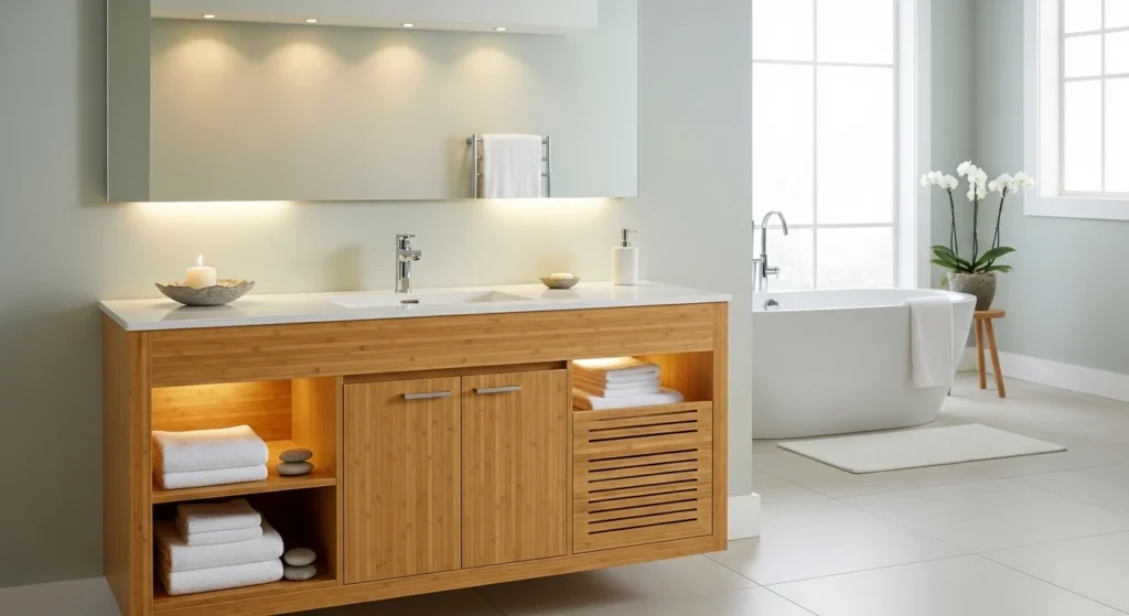 Relaxing spa style bathroom cabinet with natural materials and calming interior design