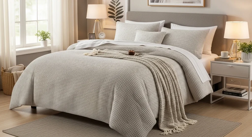 Cozy waffle textured queen comforter bedding creating warm bedroom interior