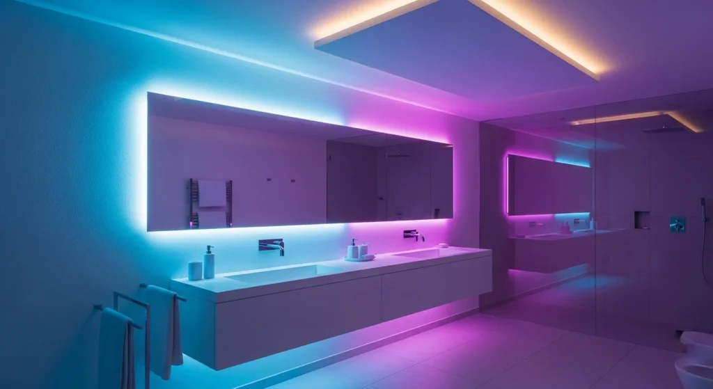 Modern bathroom with colorful LED mood lighting creating relaxing ambiance