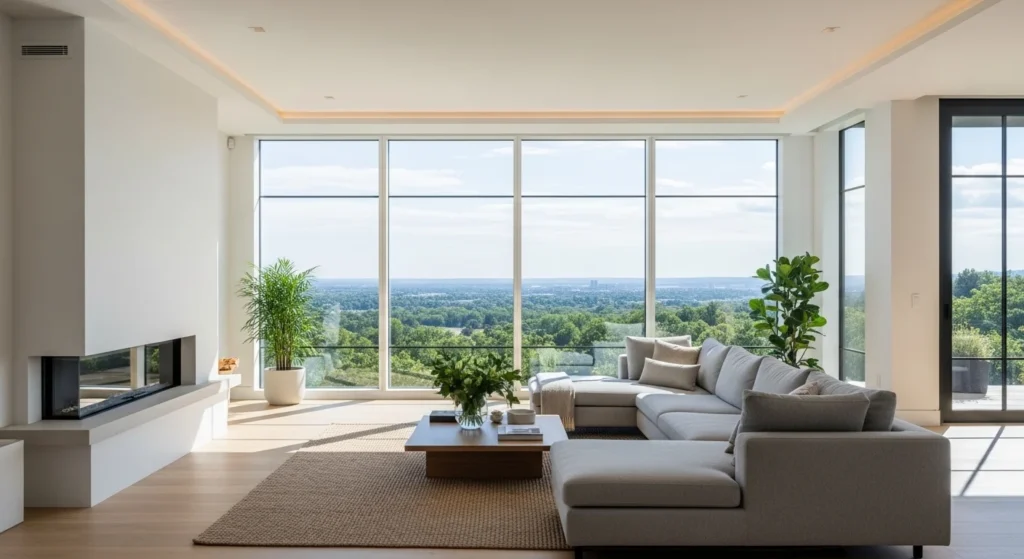 Bright living room with large windows and natural light