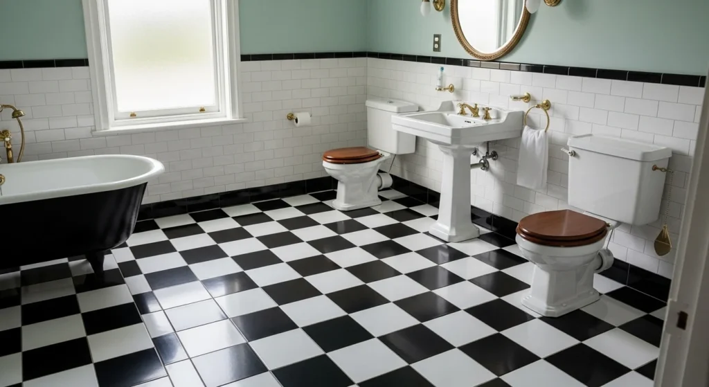 Classic bathroom with black and white checkerboard tile flooring