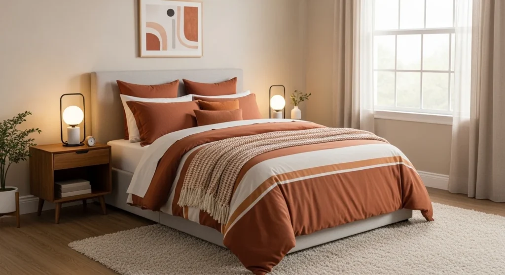 Bedroom set with layered bedding and soft textures creating a cozy atmosphere