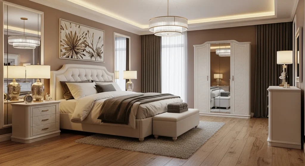 Complete luxury king bedroom set with coordinated furniture and elegant decor