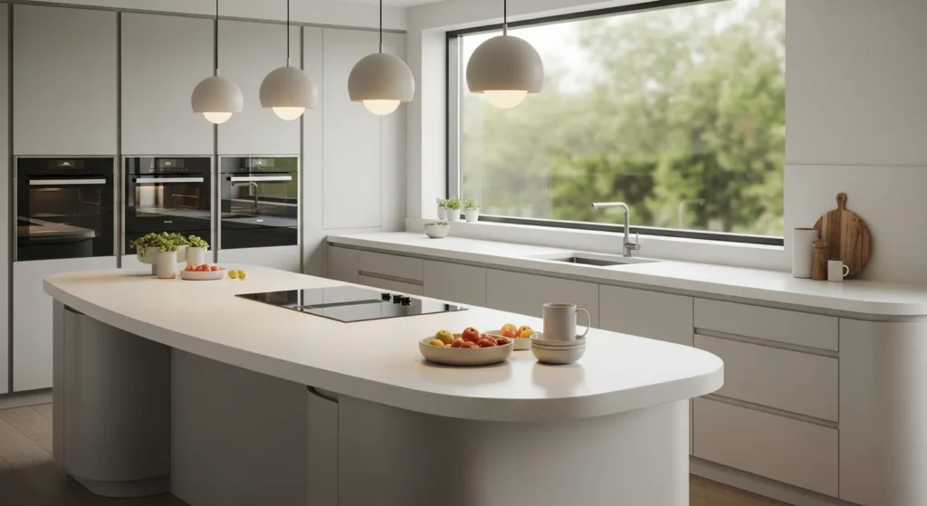 Kitchen with curved edge countertop adding soft modern shapes
