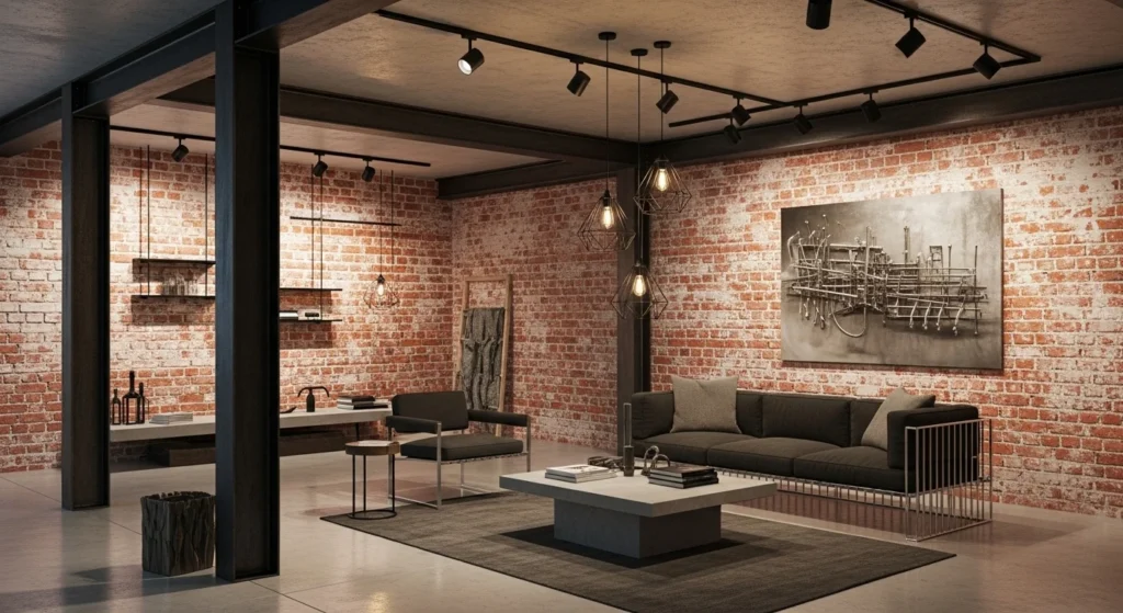 Modern industrial basement with exposed brick, concrete floors, and metal accents