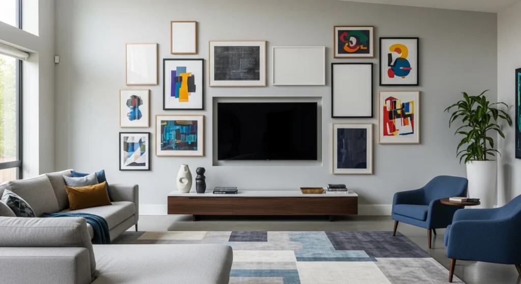 creative tv wall with artwork frames and modern decor