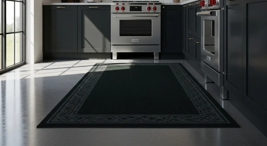 Dark colored kitchen rug creating contrast on light kitchen flooring