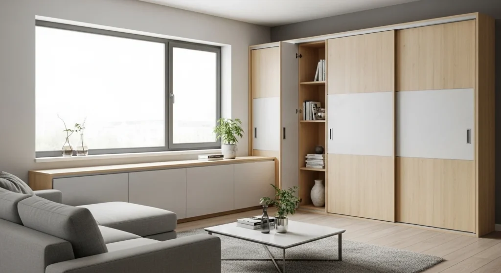 Small living room with sliding door cabinet providing organized storage without extra space