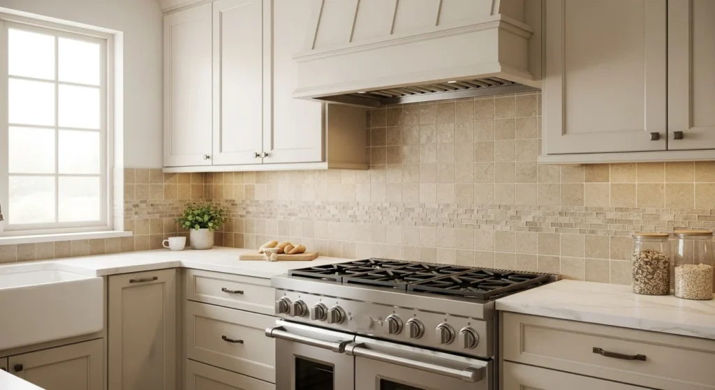 Warm earth tone tiles used in a modern kitchen backsplash design